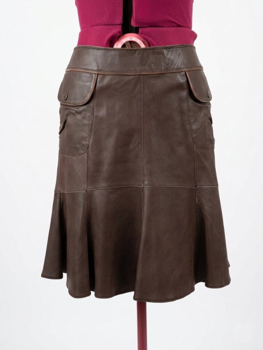 JUNE -  Dark Brown Leather Flare Ruffle Skirt - Size 10